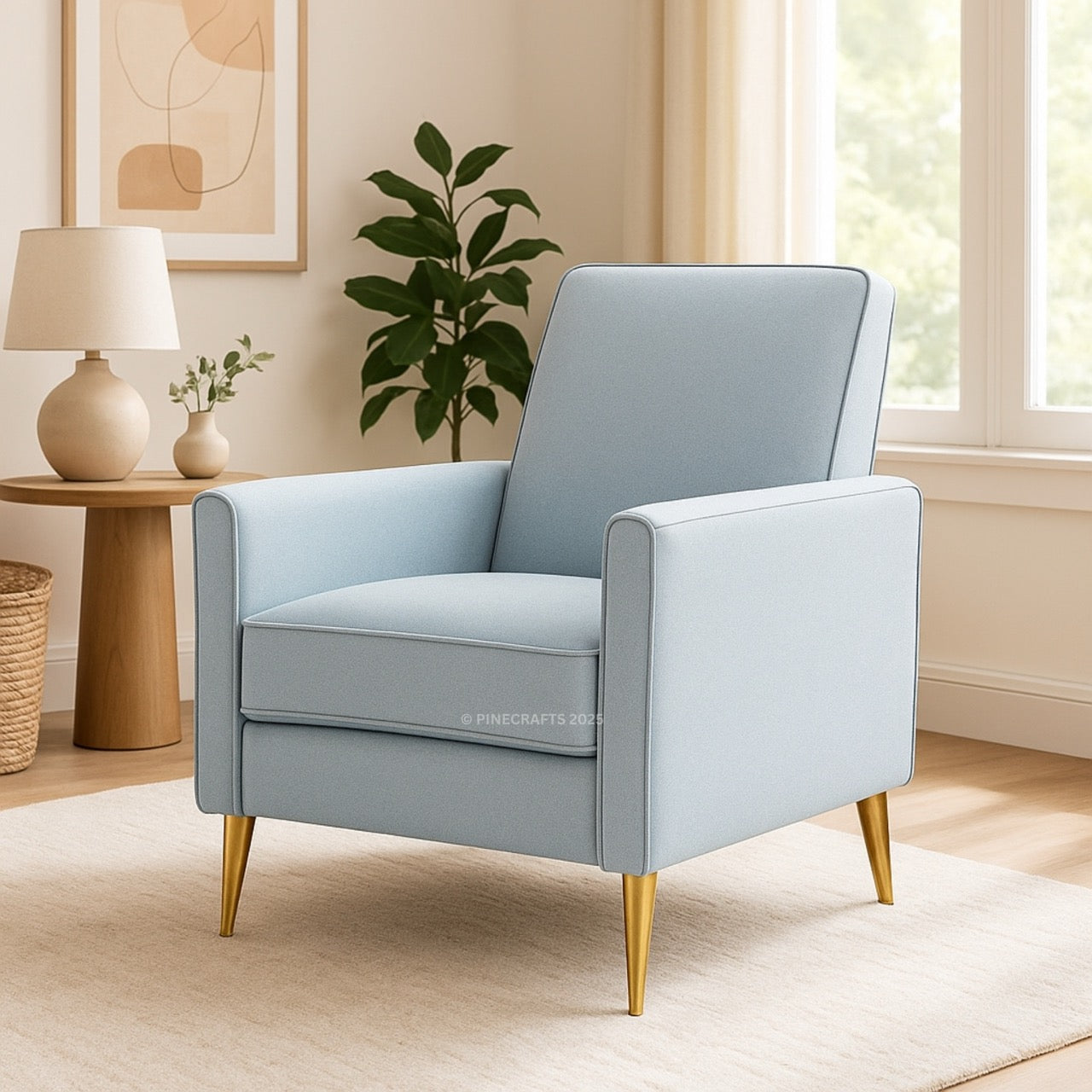 Light blue armchair with gold legs in a living room setting